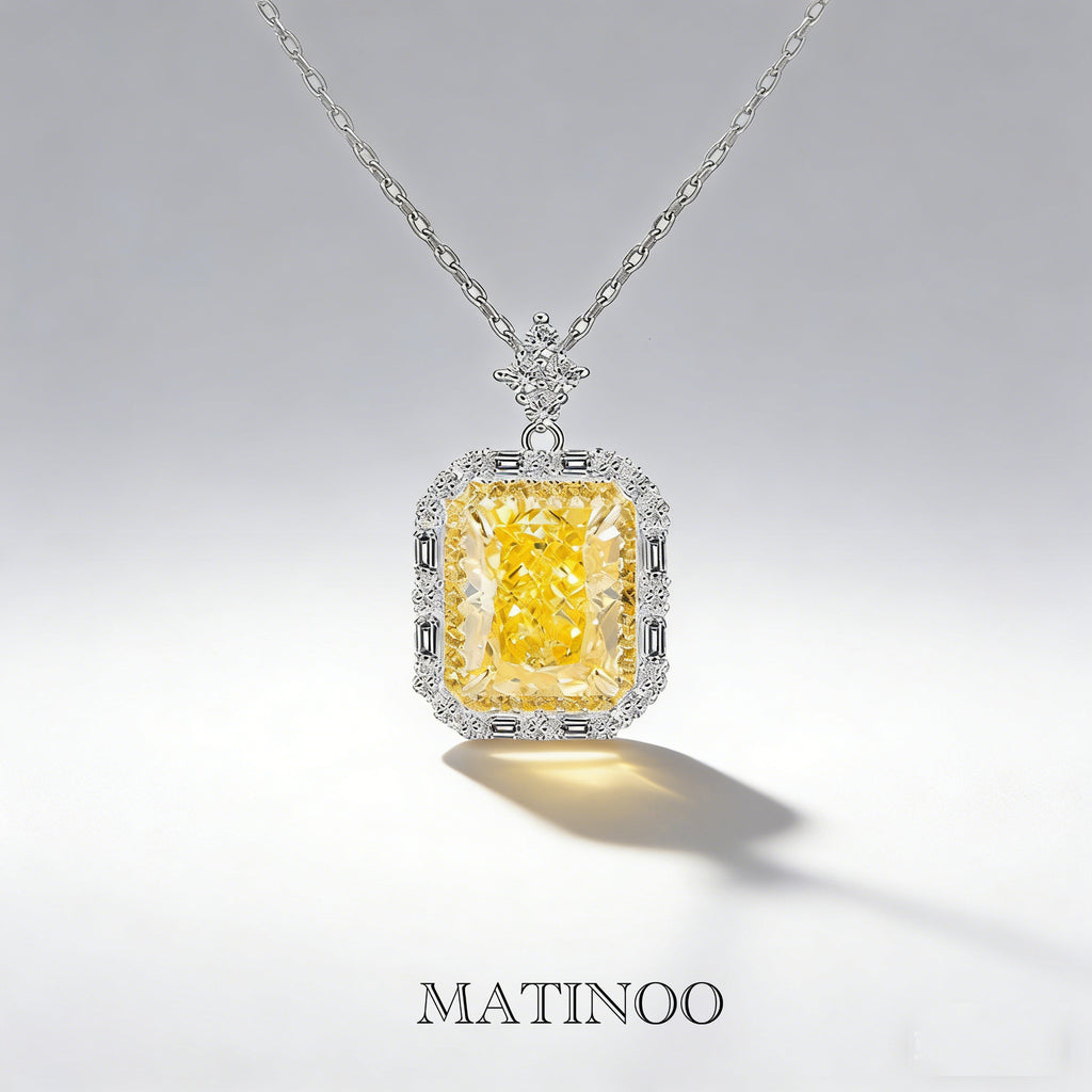Yellow Emerald Cut Lab Grown Diamond Pendant - Halo Necklace