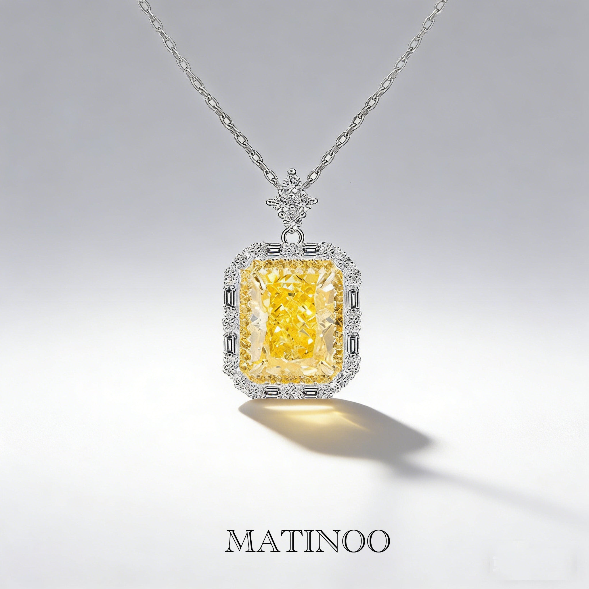 Yellow Emerald Cut Lab Grown Diamond Pendant - Halo Necklace