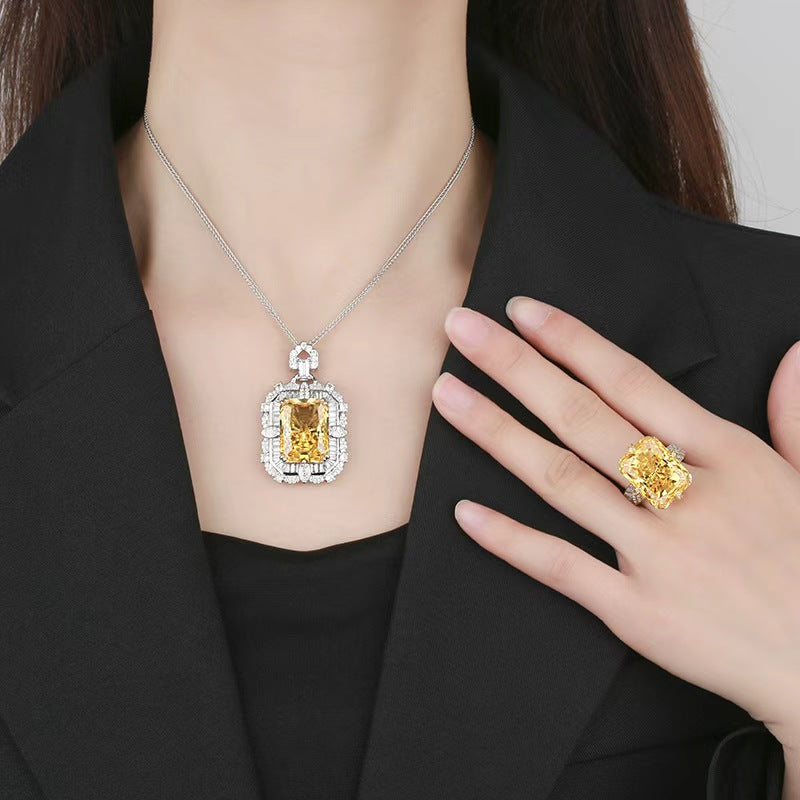 Yellow Emerald Cut Lab Grown Diamond Pendant - Halo Necklace