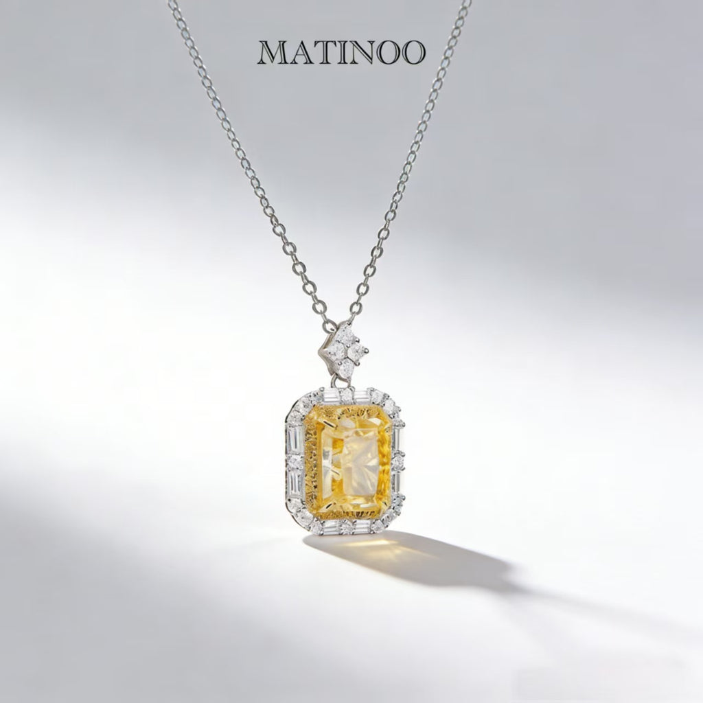 Yellow Emerald Cut Lab Grown Diamond Pendant - Halo Necklace