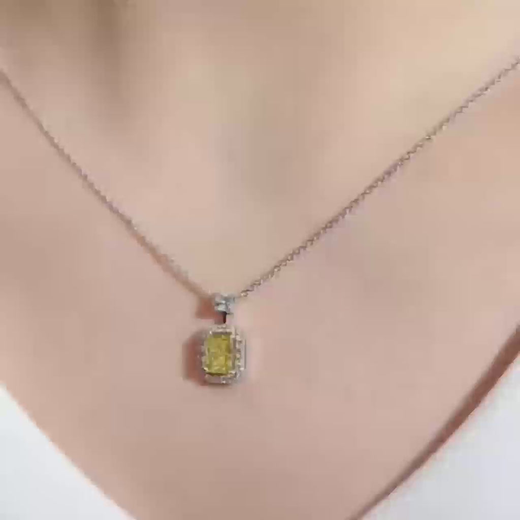 Yellow Emerald Cut Lab Grown Diamond Pendant - Halo Necklace